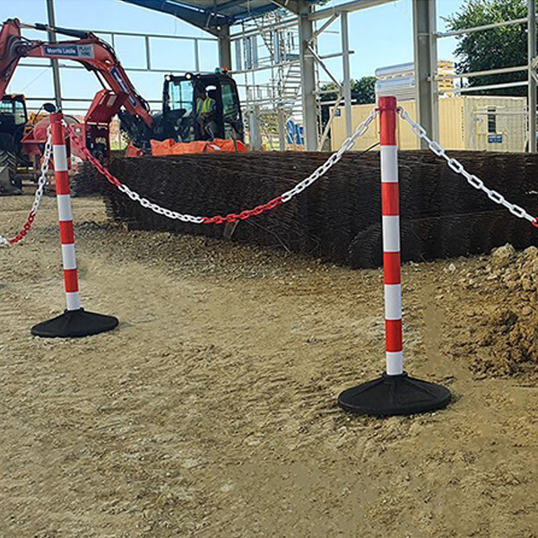 Red & White Plastic Chain Barrier with 2 Posts for Safety and Crowd Control